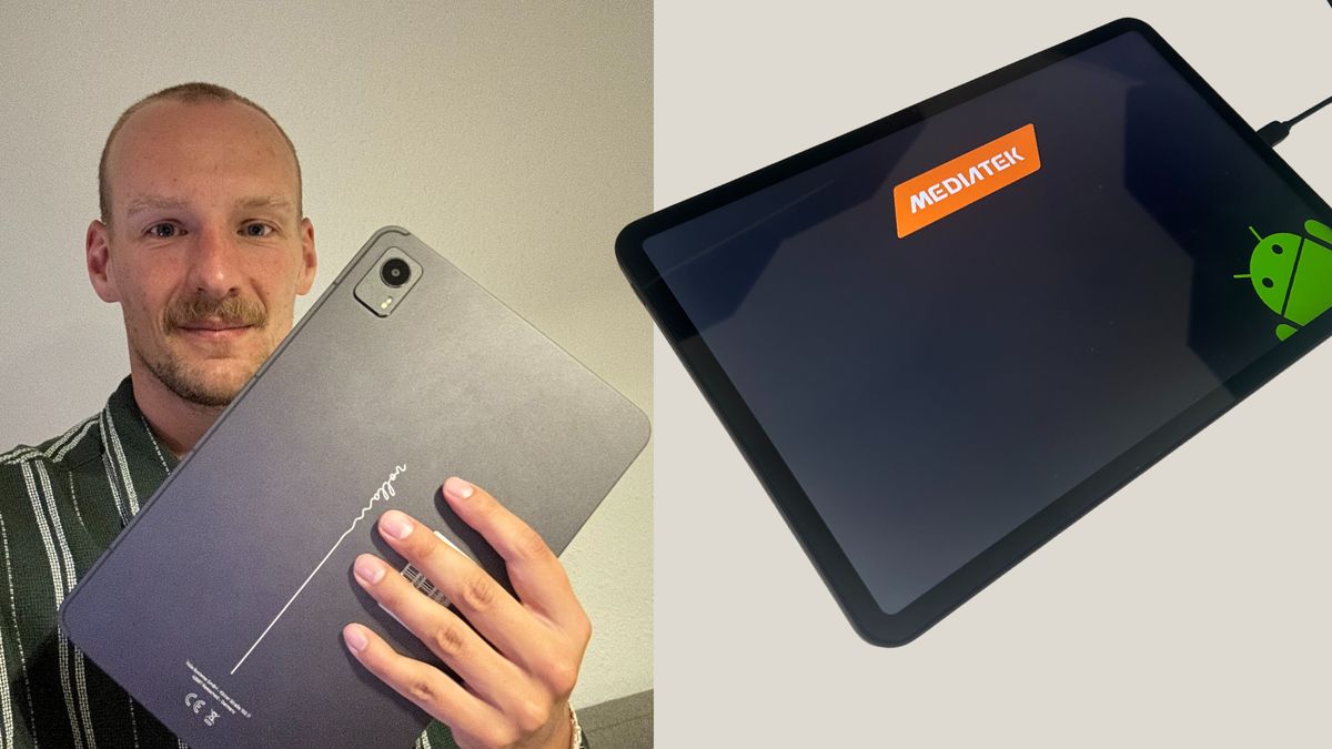 Produkttest Volla Tablet Performance Fazit Ein Mann hält ein Tablet mit der Rückseite in die Kamera, auf der rechten Bildseite sieht man die Vorderseite eines Tablet, das geladen wird.