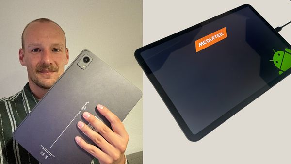 Ein Mann hält ein Tablet mit der Rückseite in die Kamera, auf der rechten Bildseite sieht man die Vorderseite eines Tablets, das geladen wird. - Foto: TVM/ Privat