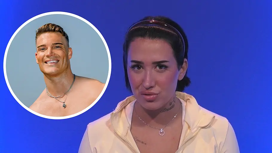 Francesca und Marwin Francesca gestikuliert in einer hellen Jacke vor blauem Hintergrund. Links ist ein rundes Porträt des lächelnden Marwin eingefügt.