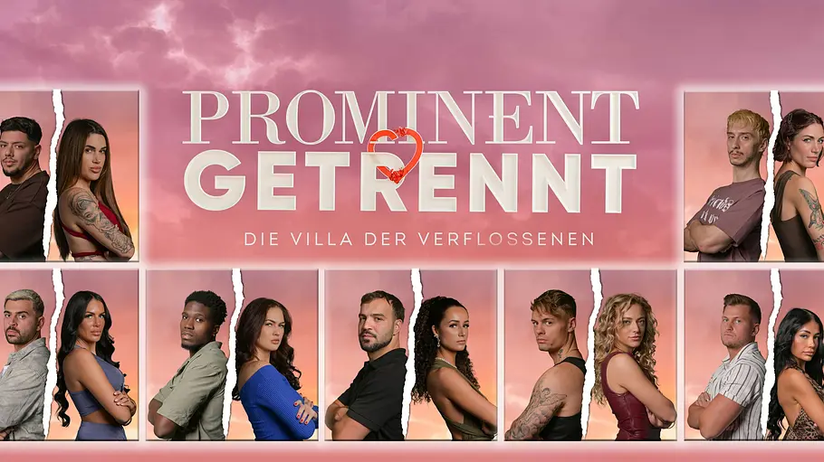 Prominent getrennt Übersichtsgrafik zur Realityshow „Prominent getrennt – Die Villa der Verflossenen“ mit allen teilnehmenden Ex-Paaren. In der Mitte steht das Logo der Sendung, darum herum sind die getrennten Promi-Duos jeweils Rücken an Rücken vor einem eingerissenen Hintergrund angeordnet.