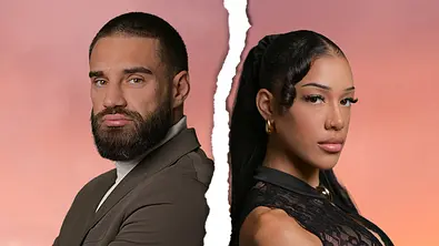 Aleks und Vanessa vor rosafarbenem Hintergrund, getrennt durch einen Riss in der Bildmitte.  - Foto: RTL / Africa Vumazonke
