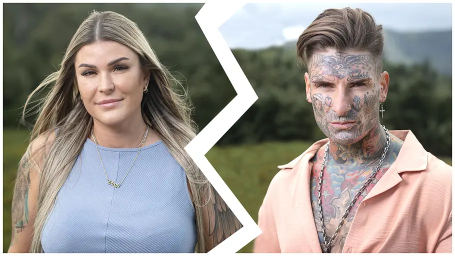 Prominent getrennt: Gewinner-Paar Staffel 2 Gloria und Nikola getrennt durch einen gezackten weißen Riss, vor grünem Hintergrund.