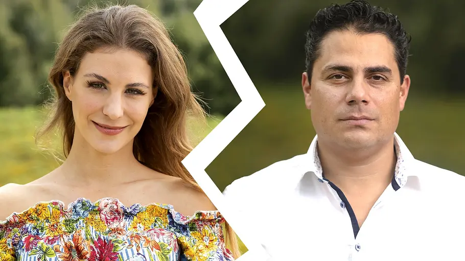 Steffi und Silva Porträt eines Mannes und einer Frau vor einem unscharfen Naturhintergrund. Ein großer weißer Zickzack-Riss trennt die beiden Bildhälften und symbolisiert eine Trennung. Die Frau trägt ein schulterfreies, bunt geblümtes Oberteil und lächelt leicht in die Kamera. Der Mann trägt ein weißes Hemd und blickt mit ernstem Gesichtsausdruck nach vorn. Die Aufnahme vermittelt den Eindruck eines ehemaligen Paares.