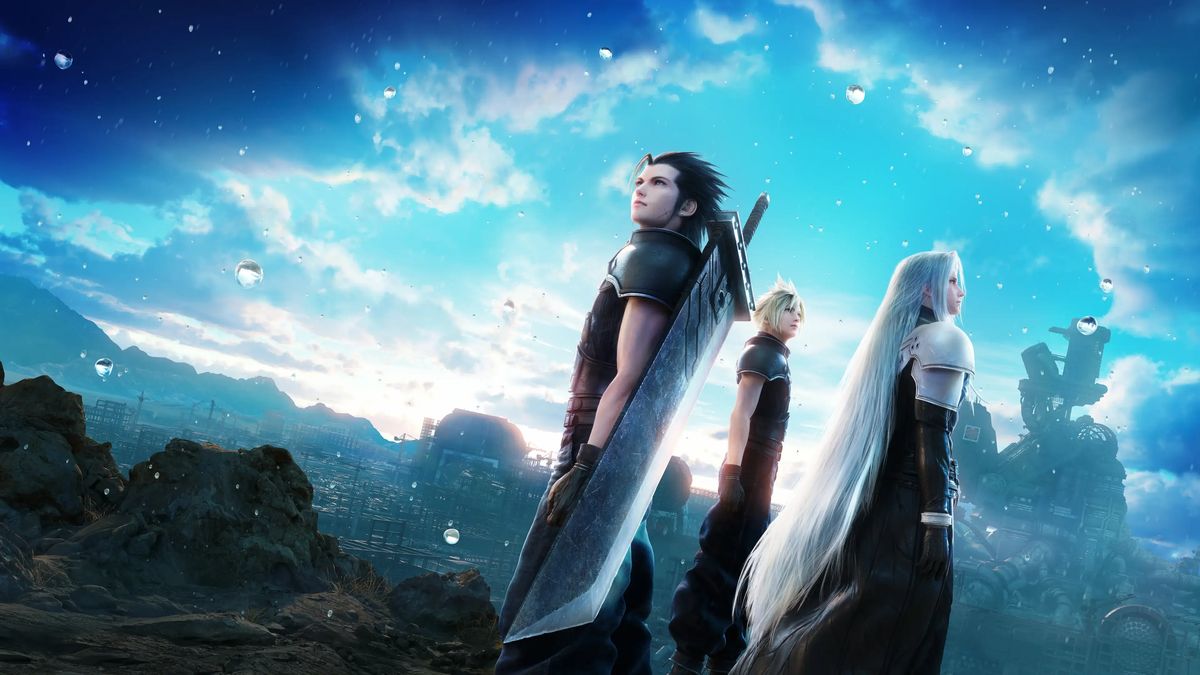 Final Fantasy Zack Fair und seine Freunde stehen inmitten ein zerklüfteten Landschaft.