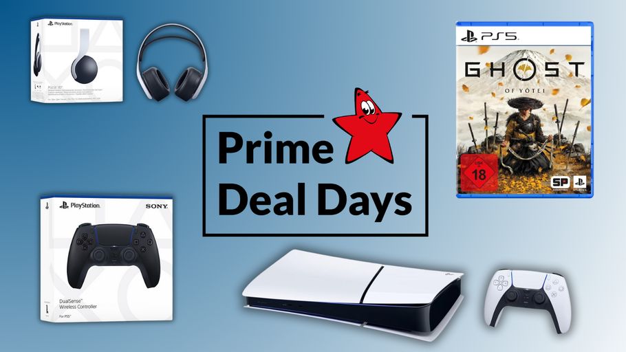 PlayStation Kopfhörer, Ein Spiel, ein Controller und die PlayStation 5 vor blauem Hintergrund. In der Mitte steht Prime Deal Days.