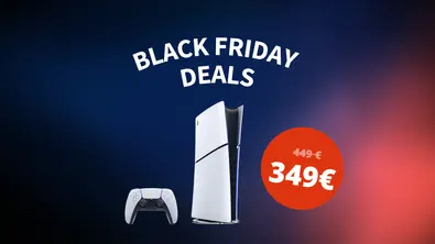 Die PS5 Digital vor einem dunkelblauen Hintergrund mit Black Friday Logo - Foto: Sony PlayStation