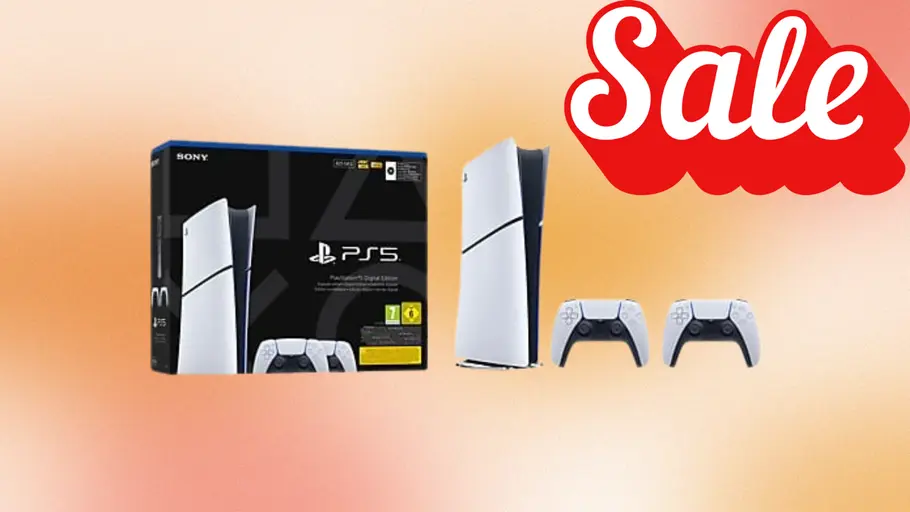 PS5-DigitalEdition-Controller-Bundle-tvmovie-mediamarkt PS5 mit Sale Button vor orangenen Hintergrund
