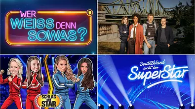 Collage mit Logos und Szenen aus „Wer weiß denn sowas?“, dem Harvelland-Krimi mit Ermittlerteam vor einer Brücke, „Schlag den Star“ mit vier Kandidatinnen als Illustration sowie dem „Deutschland sucht den Superstar“-Logo auf einer Bühne. - Foto: Das Erste / ZDF, Xiomara Bender / JOYN, Benedikt Müller, Willi / IMAGO, Panama Pictures