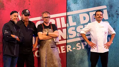 Ralf Zacherl, Lucki Maurer, Max Stiegl und Steffen Henssler vor dem Logo von „Grill den Henssler Sommer-Special“. - Foto: RTL/Markus Hertrich Ralf Zacherl, Lucki Maurer, Max Stiegl und Steffen Henssler vor dem Logo von „Grill den Henssler Sommer-Special“. - Foto: RTL/Markus Hertrich