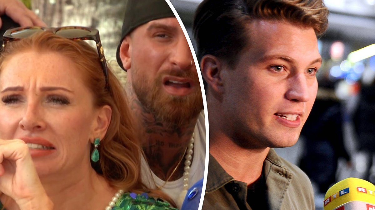 Collage: Links Georgina Fleur und Gigi mit entsetzen Gesichtern, rechts Raúl Richter am RTL-Mikro