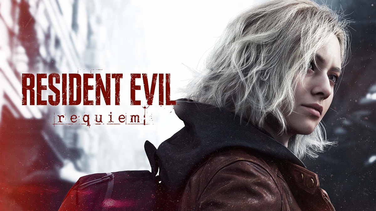 Protagonistin Grace von Resident Evil: Requiem schaut in die Ferne, daneben wird das Logo des Spiels gezeigt