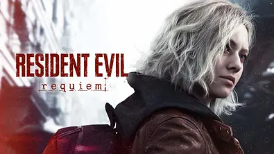 Protagonistin Grace von Resident Evil: Requiem schaut in die Ferne, daneben wird das Logo des Spiels gezeigt - Foto: Capcom