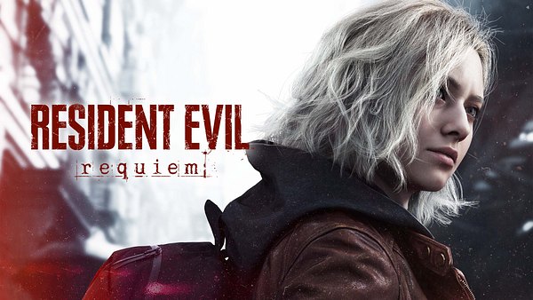 Protagonistin Grace von Resident Evil: Requiem schaut in die Ferne, daneben wird das Logo des Spiels gezeigt - Foto: Capcom
