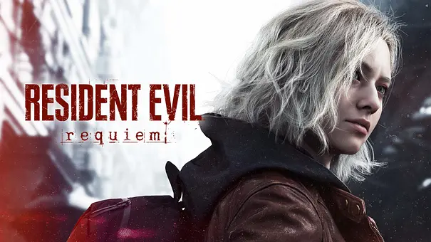 Protagonistin Grace von Resident Evil: Requiem schaut in die Ferne, daneben wird das Logo des Spiels gezeigt - Foto: Capcom