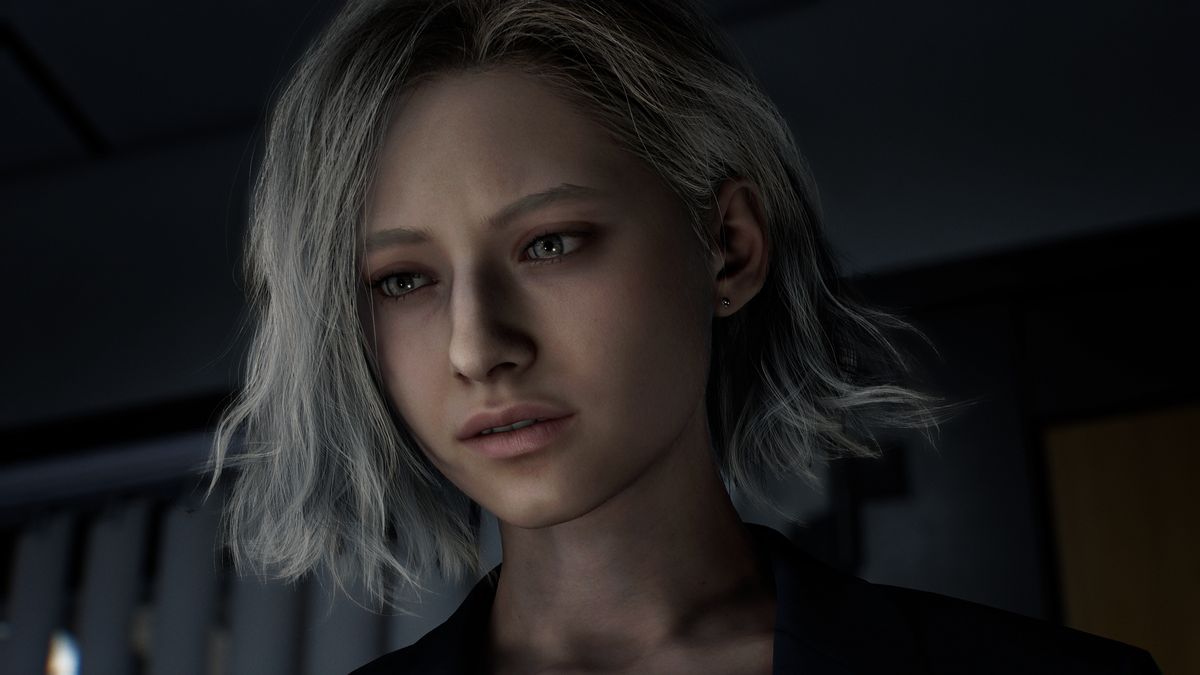 Auf dem Bild sieht man Grace, die neue Figur aus Resident Evil 9 Requiem. Sie schaut in Nahaufnahme nachdenklich nach unten.