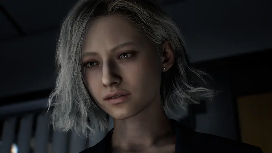 Auf dem Bild sieht man Grace, die neue Figur aus Resident Evil 9 Requiem. Sie schaut in Nahaufnahme nachdenklich nach unten.