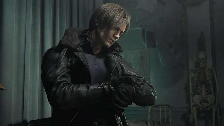 Leon S. Kennedy in Resident Evil 9: Requiem Leon S. Kennedy schaut in Resident Evil 9: Requiem auf seine Uhr und trägt einen schwarzen Mantel