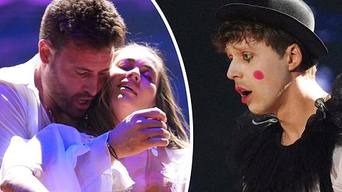 Marc Eggers hält Renata Lusin bei Lets Dance im Arm, Valentin Lusin schaut schockiert - Foto: RTL / Stefan Gregorowius