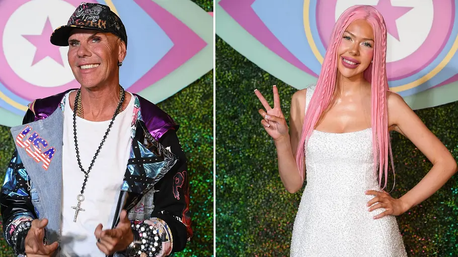 René Redo und Nina Bridnay äußern sich zu Vorwürfen. René Redo mit Kappe und bunter Jacke und Nina Bridney mit langen rosa Haaren im weißen Kleid und Victory-Zeichen.