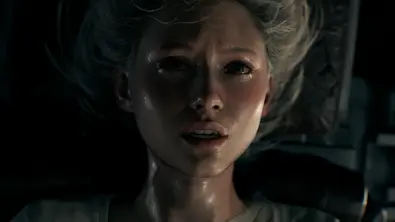 Grace, Protagonistin von Resident Evil 9 Requiem, schwitzt und schaut mit verquollenen Augen in die Kamera - Foto: Capcom