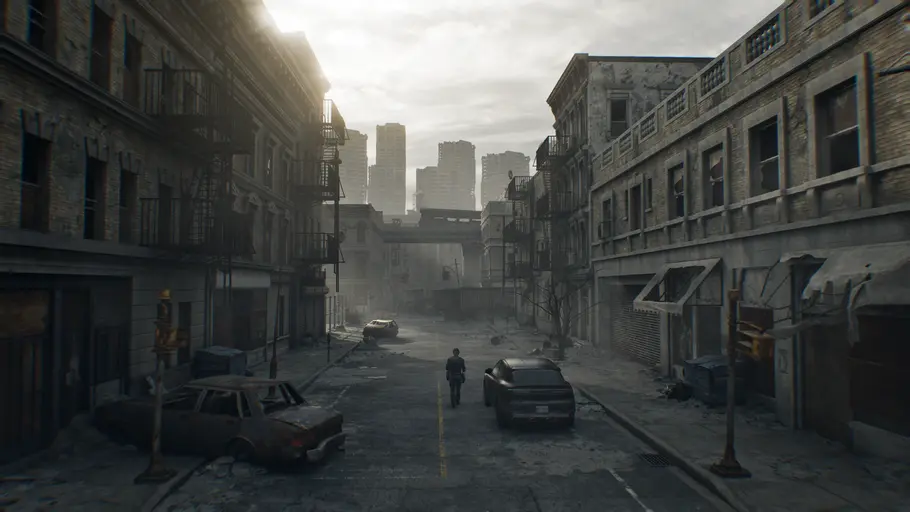Eine verlassene Stadt in der Totale in Resident Evil Requiem