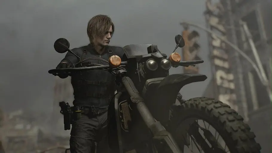 Leon S. Kennedy „Resident Evil Requiem“ Leon S. Kennedy sitzt in „Resident Evil Requiem“ auf einen Motorrad und schaut auf einen Abgrund.