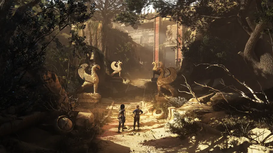 Resonance Ein Screenshot vor einem Tempel mit den beiden Hauptfiguren in der Ferne in Resonance: A Plague Tale Legacy