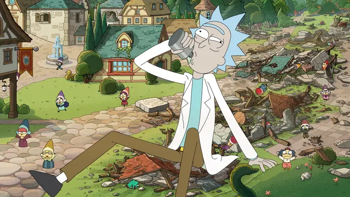 Rick aus „Rick and Morty“ sitzt betrunken in einer Stadt eines kleinen Volkes. - Foto: TM & © Cartoon Network