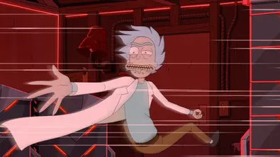 Rick aus „Rick and Morty“ hängt aus einem Zug und streckt seinen Arm aus.   - Foto: TM & © Cartoon Network