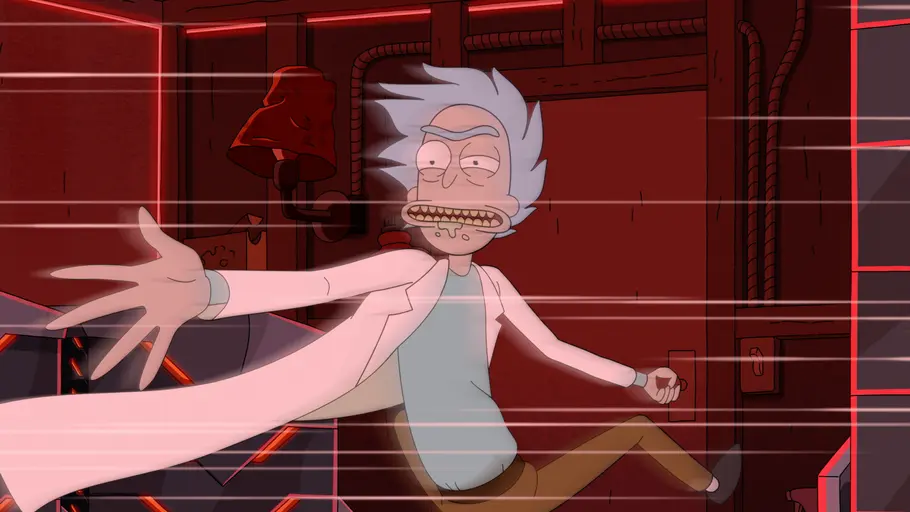 Rick and Morty – Staffel 9 Rick aus „Rick and Morty“ hängt an einer Garagentür und streckt seinen Arm aus.