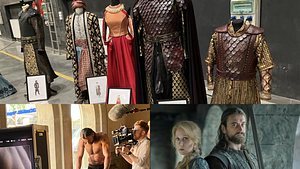 Oben die Kostüme aus der Serie „Rise of the Raven“, unten links Hauptdarsteller L. Gellért Kádár während des Drehs, unten rechts: Vivien Rujder und L. Gellért Kádár - Foto: Anna Peters und Beta Films