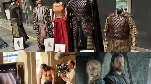 Oben die Kostüme aus der Serie „Rise of the Raven“, unten links Hauptdarsteller L. Gellért Kádár während des Drehs, unten rechts: Vivien Rujder und L. Gellért Kádár - Foto: Anna Peters und Beta Films