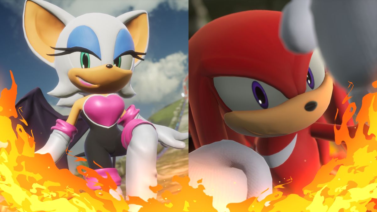 Auf der linken Seite sieht man Rouge. Auf der rechten Seite sieht man Knuckles. Unter ihnen ist ein flammenartiger Halbkranz.