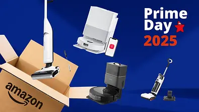 Ein Amazon Karton und der Schriftzug Prime Day 2025. Daneben Saugwischer und Saugroboter - Foto: TVMovie.de & iStock (kyoshino, Ake Ngiamsanguan) & PR