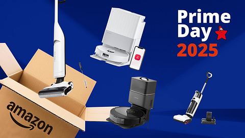 Ein Amazon Karton und der Schriftzug Prime Day 2025. Daneben Saugwischer und Saugroboter - Foto: TVMovie.de & iStock (kyoshino, Ake Ngiamsanguan) & PR