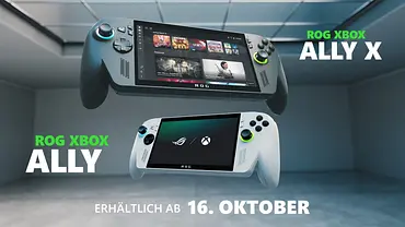 Ein Bild zeigt oben den ROG Xbox Ally X und unten den ROG Xbox Ally mit dem Schriftzug erhältlich ab 16. Oktober - Foto: Xbox / Asus