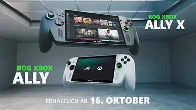 Ein Bild zeigt oben den ROG Xbox Ally X und unten den ROG Xbox Ally mit dem Schriftzug erhältlich ab 16. Oktober - Foto: Xbox / Asus