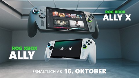 Ein Bild zeigt oben den ROG Xbox Ally X und unten den ROG Xbox Ally mit dem Schriftzug erhältlich ab 16. Oktober - Foto: Xbox / Asus