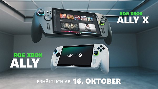 Ein Bild zeigt oben den ROG Xbox Ally X und unten den ROG Xbox Ally mit dem Schriftzug erhältlich ab 16. Oktober - Foto: Xbox / Asus