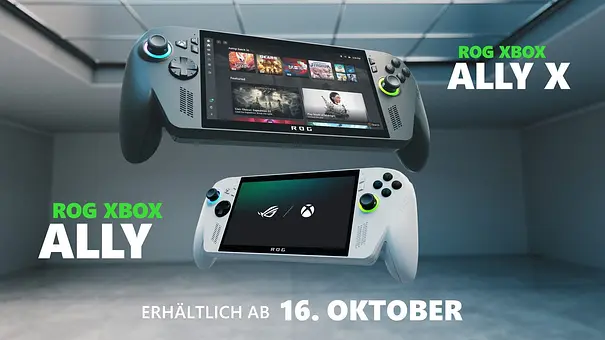 Ein Bild zeigt oben den ROG Xbox Ally X und unten den ROG Xbox Ally mit dem Schriftzug erhältlich ab 16. Oktober - Foto: Xbox / Asus