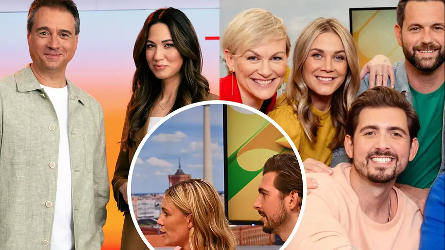 RTL am Morgen vs. „Frühstücksfernsehen“ Links die Moderatoren von RTL am Morgen, rechts das „Frühstücksfernsehen“-Team, in einem Kreis in der Mitte Chris Wackert und Alina Merkau schauen erschrocken zur Seite.