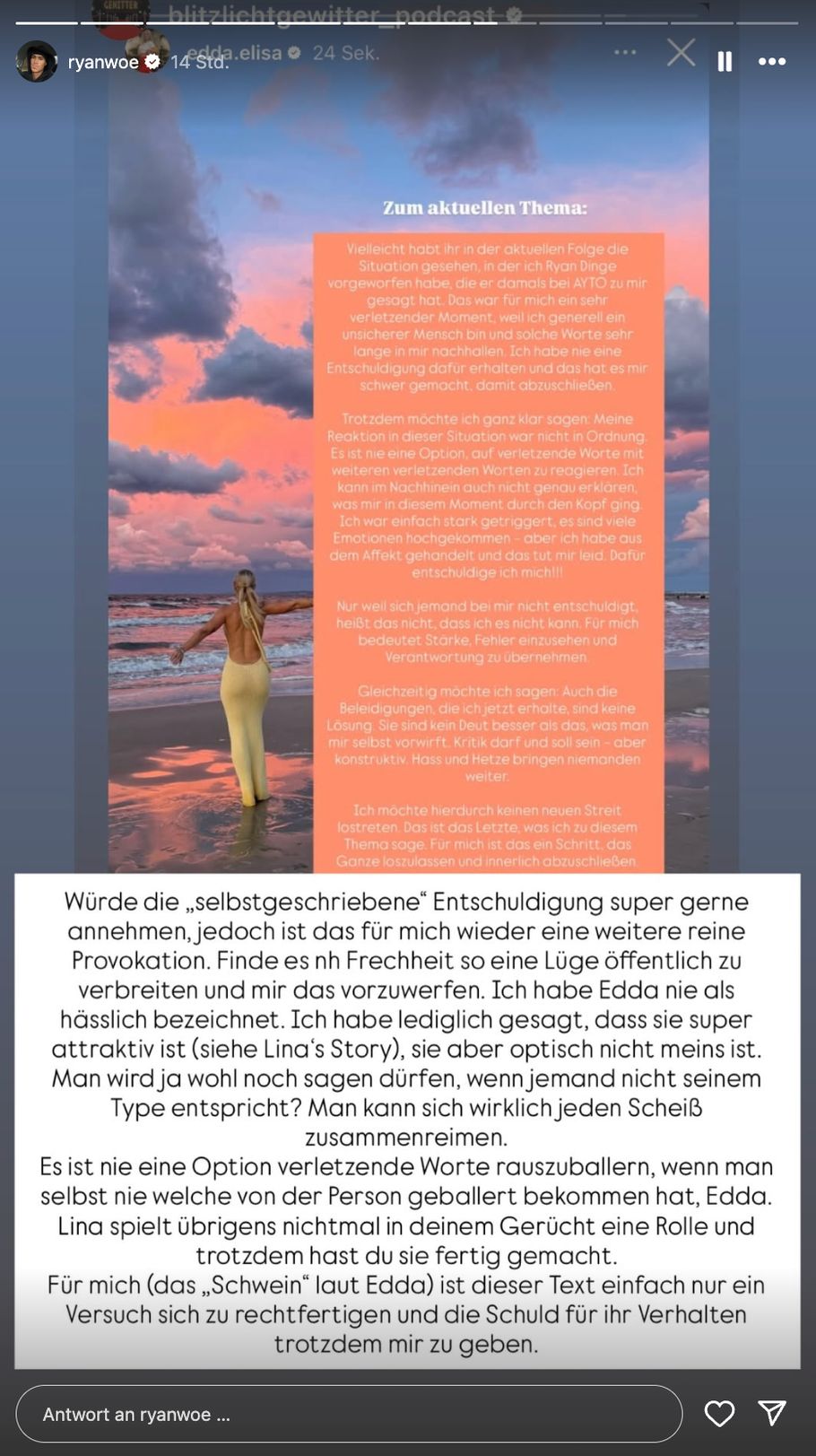 Ryans Instagram Story: Ein Screenshot von Eddas Instagram-Story: (Man sieht sie am Strand von hinten in einem gelben Kleid. Daneben erscheint ein großer Textkasten mit ihrer Erklärung.) In der er Stellung bezieht. 