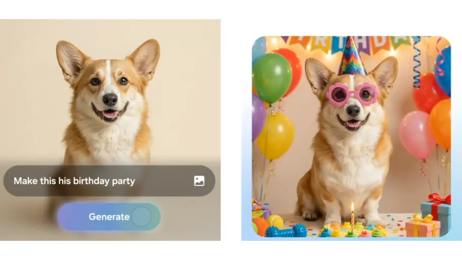 S26 KI-Bildbearbeitung per Texteingabe generiert aus Hunde-Foto ein Party-Bild  