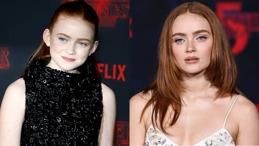 Zwei Bilder nebeneinander: Links die Figur Max aus „Stranger Things“ als Kind, rechts die Schauspielerin Sadie Sink als Erwachsene auf dem roten Teppich.