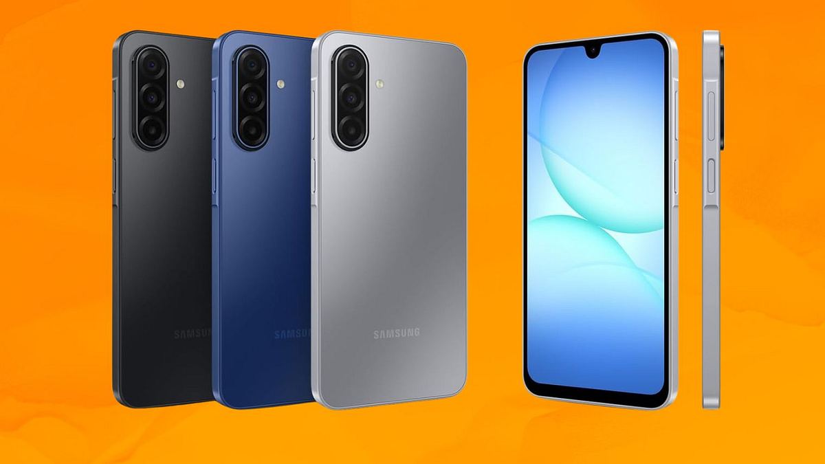 Samsung Galaxa A17 Das neue Samsung Galaxy A17 in verschiedenen Farbvarianten vor orangenem Hintergrund