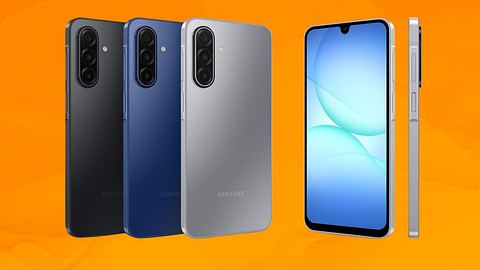 Das neue Samsung Galaxy A17 in verschiedenen Farbvarianten vor orangenem Hintergrund - Foto: Amazon/PR