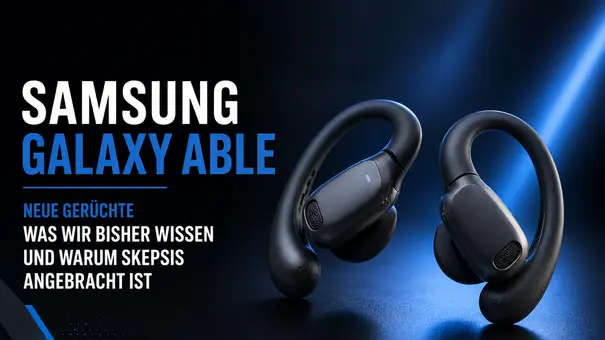 Grafik zu den Samsung Galaxy Able mit stilisierten Open-Ear-Kopfhörern und dem Hinweis auf neue Gerüchte rund um das mögliche Wearable. - Foto: TV Movie / Chat GPT Grafik zu den Samsung Galaxy Able mit stilisierten Open-Ear-Kopfhörern und dem Hinweis auf neue Gerüchte rund um das mögliche Wearable. - Foto: TV Movie / Chat GPT