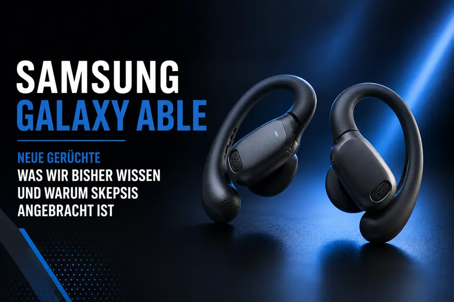 samsung-able-geruechte-tvmovie Grafik zu den Samsung Galaxy Able mit stilisierten Open-Ear-Kopfhörern und dem Hinweis auf neue Gerüchte rund um das mögliche Wearable.
