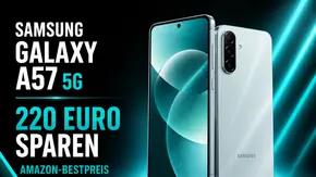 Samsung Galaxy A57 5G im Mittelpunkt mit aktuellem Amazon-Dealpreis vor einem schwarz-türkisen Hintergrund - Foto: TV Movie / KI Samsung Galaxy A57 5G im Mittelpunkt mit aktuellem Amazon-Dealpreis vor einem schwarz-türkisen Hintergrund - Foto: TV Movie / KI