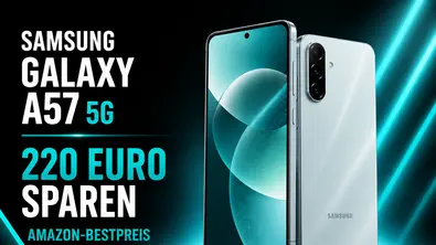 Samsung Galaxy A57 5G im Mittelpunkt mit aktuellem Amazon-Dealpreis vor einem schwarz-türkisen Hintergrund - Foto: TV Movie / KI